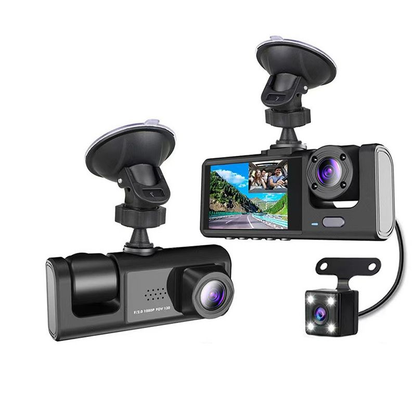 Car dashboard camera system with multiple cameras and screens on a white background