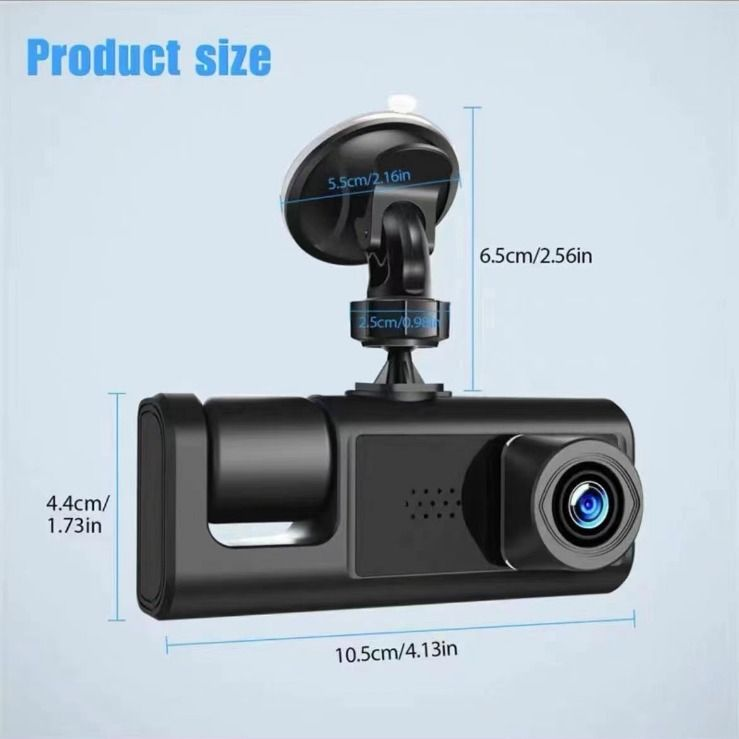 Car dashboard camera with dimensions labeled on a light blue background