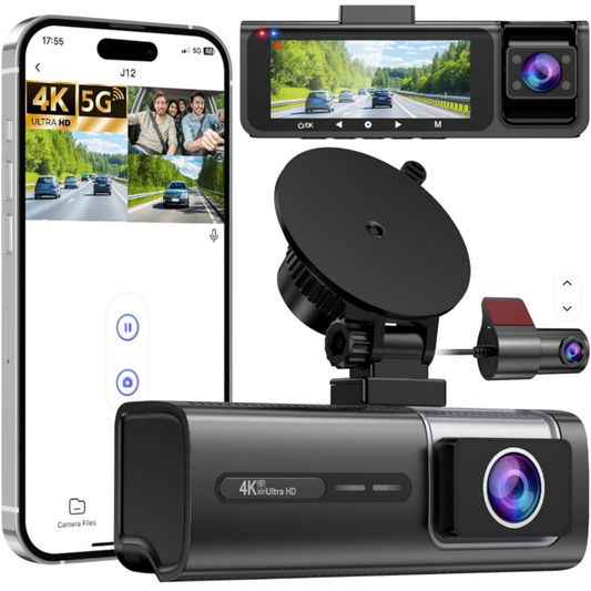 Car dashboard camera with smartphone displaying video feed on a white background