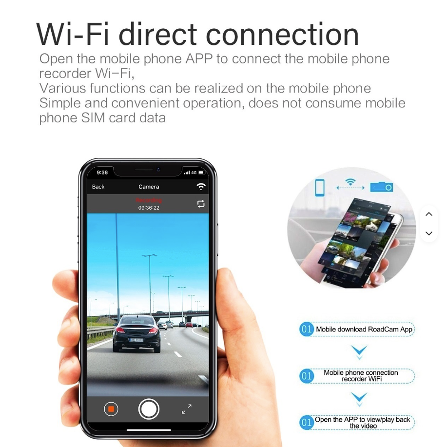 Smartphone displaying a road scene with Wi-Fi direct connection features explained.