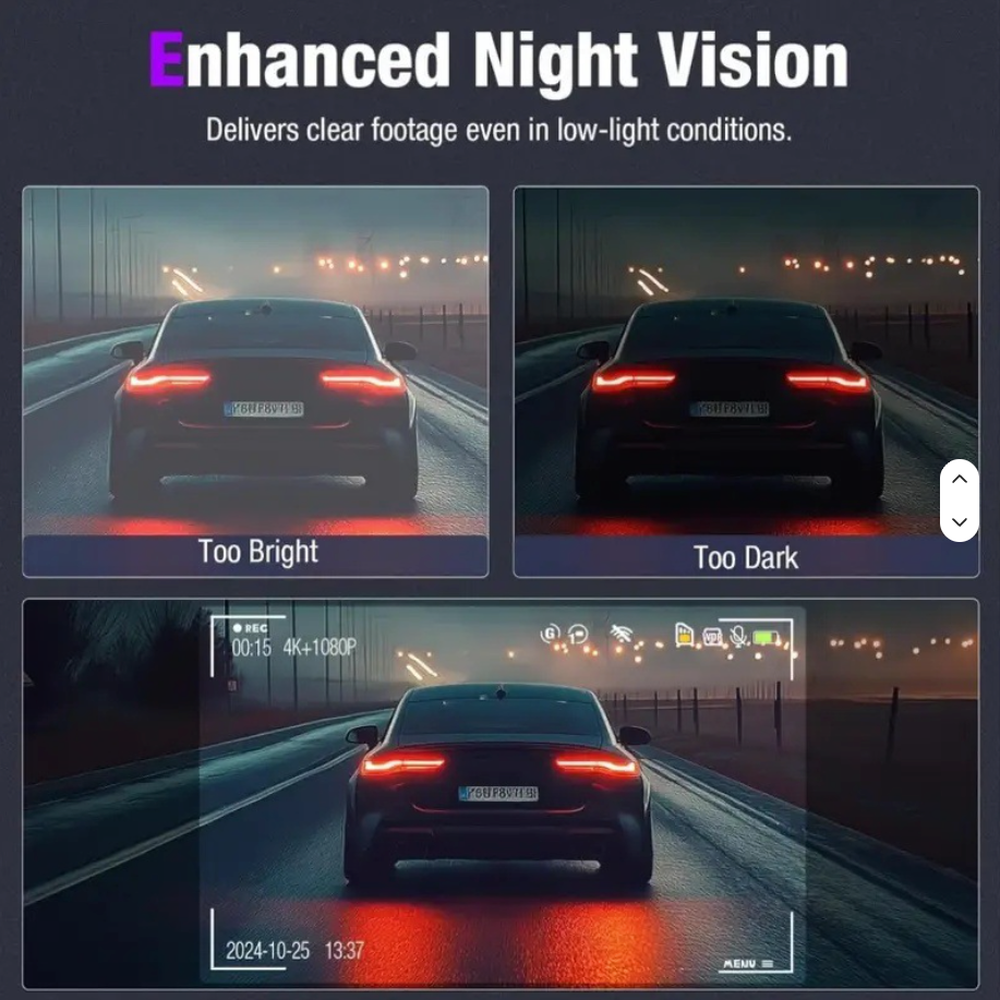 Comparison of Enhanced Night Vision in car footage under different lighting conditions.