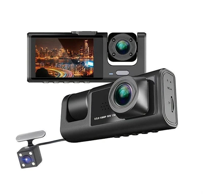 Dual-lens car dashboard camera with front and rear views on a white background